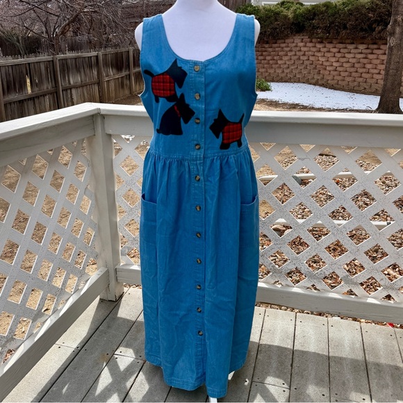 Vintage 90s Denim Maxi Jumper Patio Dress Women S Scottie Dogs Mrs Roper Romp - Picture 2 of 12